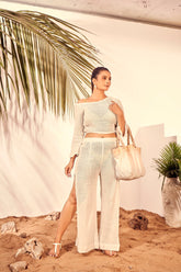 On The Beach: White Mesh Crop Top & Wide-Leg Pants Set