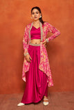 Jazzberry Pink Ethnic Print Dhoti Skirt Long Flared Shrug Co-ord Set