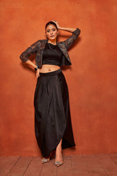 Black Leaf Print Dhoti Skirt Shrug Co-Ord Set