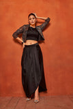 Black Leaf Print Dhoti Skirt Shrug Co-Ord Set