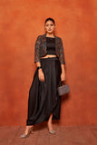 Black Leaf Print Dhoti Skirt Shrug Co-Ord Set