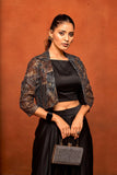 Black Leaf Print Dhoti Skirt Shrug Co-Ord Set