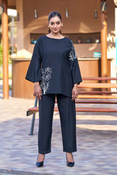 Black Designer Summer Casual Outfit With White Embroidery
