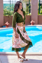 Make a bold beachside statement with NovelaFashion’s mehendi green floral sarong and top set. A stylish all-size beach club outfit inspired by Missoni beachwear—perfect for resort wear for women, beach vacation outfits, and summer glamour.
