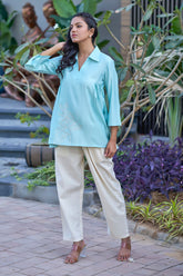 Ladies' Embroidered Soft Summer Co-Ords in Blue and White