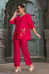 Hot Pink Silk Cotton Round V-Neck Co-Ord Set