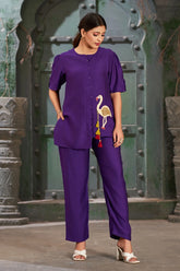 Elegant Flamingo Embroidered Co-Ord Set in Purple