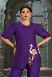 Elegant Flamingo Embroidered Co-Ord Set in Purple