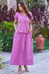 Purple Casual Resort Wear With Line Art Embroidery