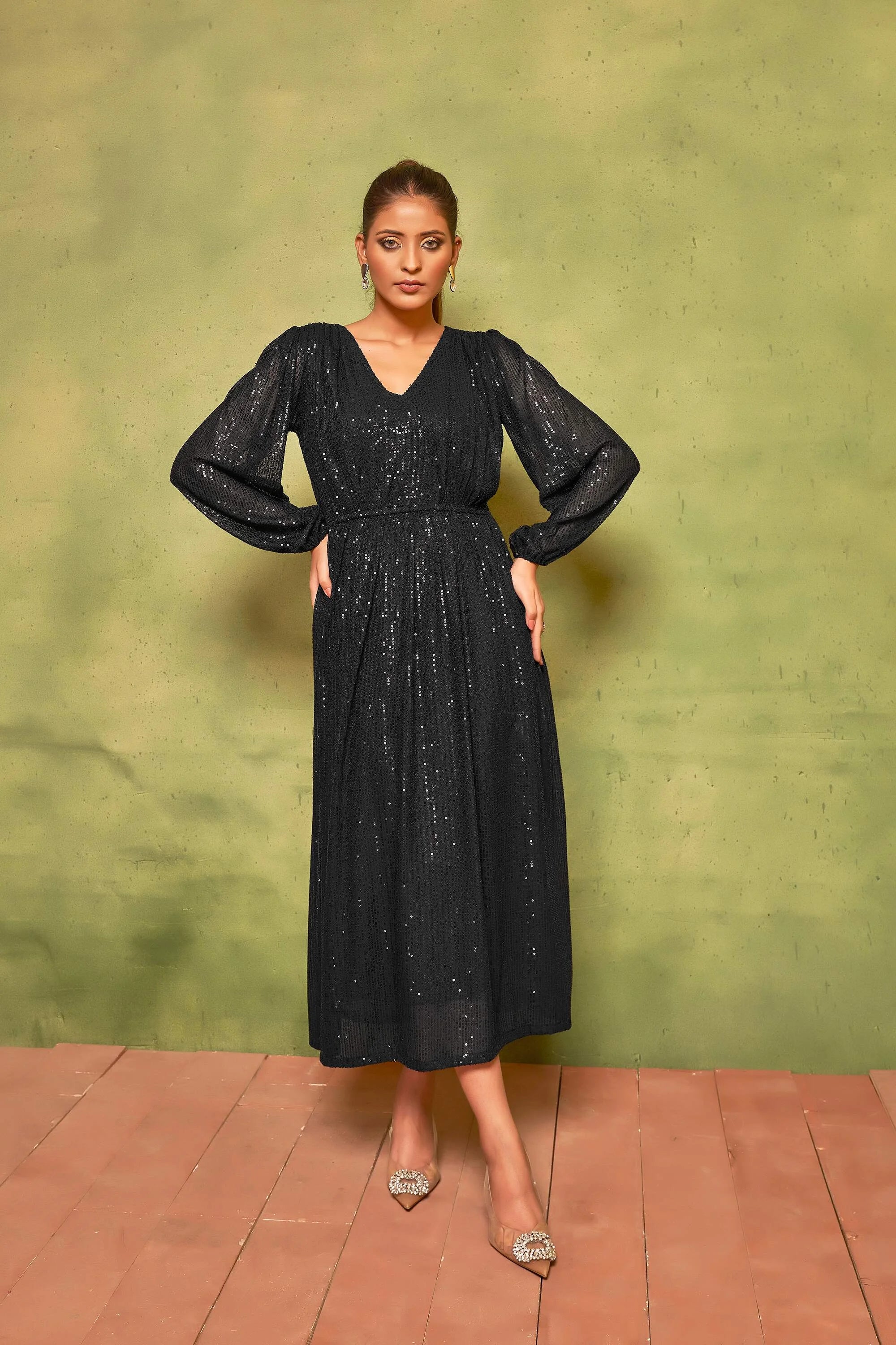 Rich Black Sequin Cocktail Dress | V-Neck Flared Elegance