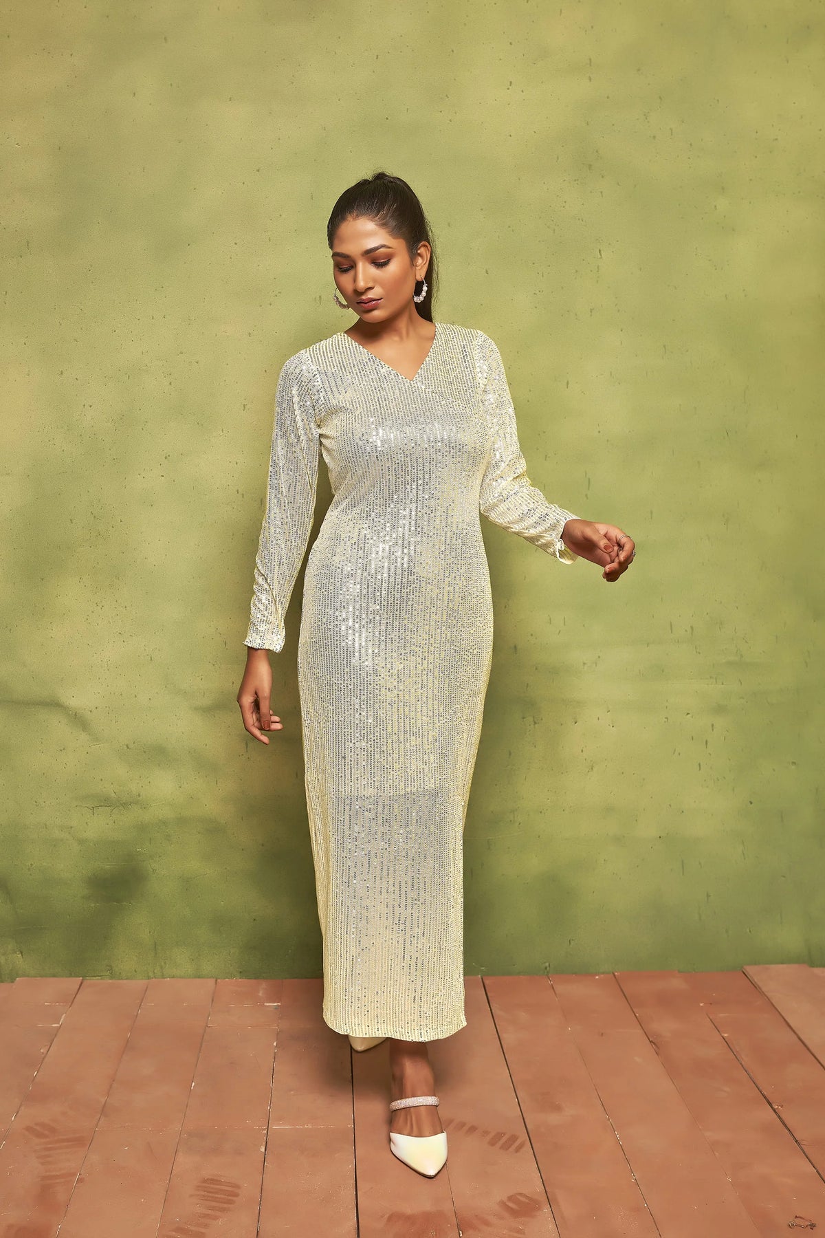 Glamorous Sparkle: Long Sleeve Pearl White Sequin Dress