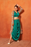 Teal Green Leaf Print Dhoti Skirt Long Flared Shrug Co-Ord Set