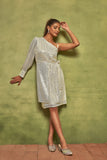 Shimmering Elegance: One-Shoulder Pearl White Sequin Dress with Belt