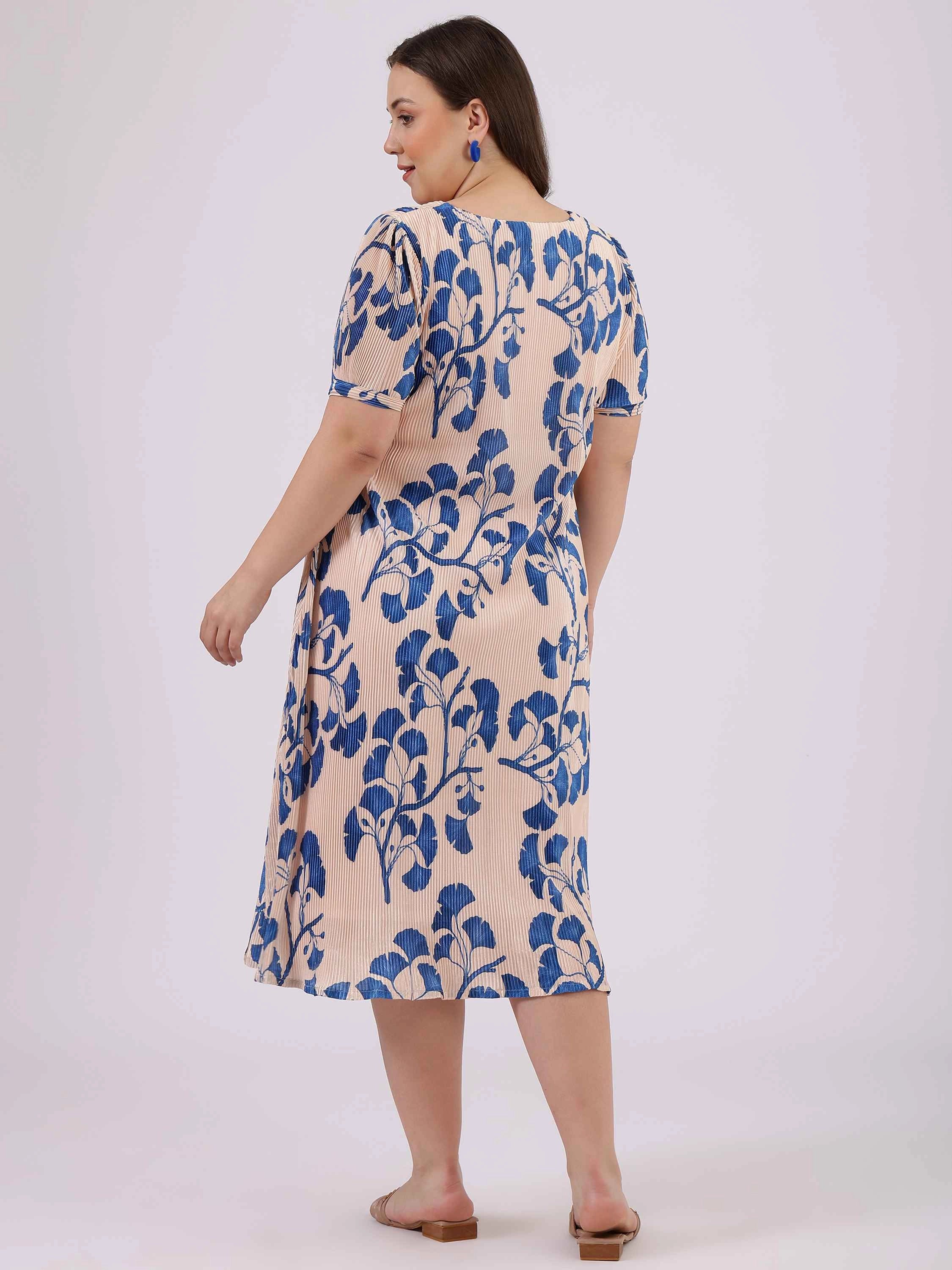 Beige Palmette Print Puff Sleeve Dress