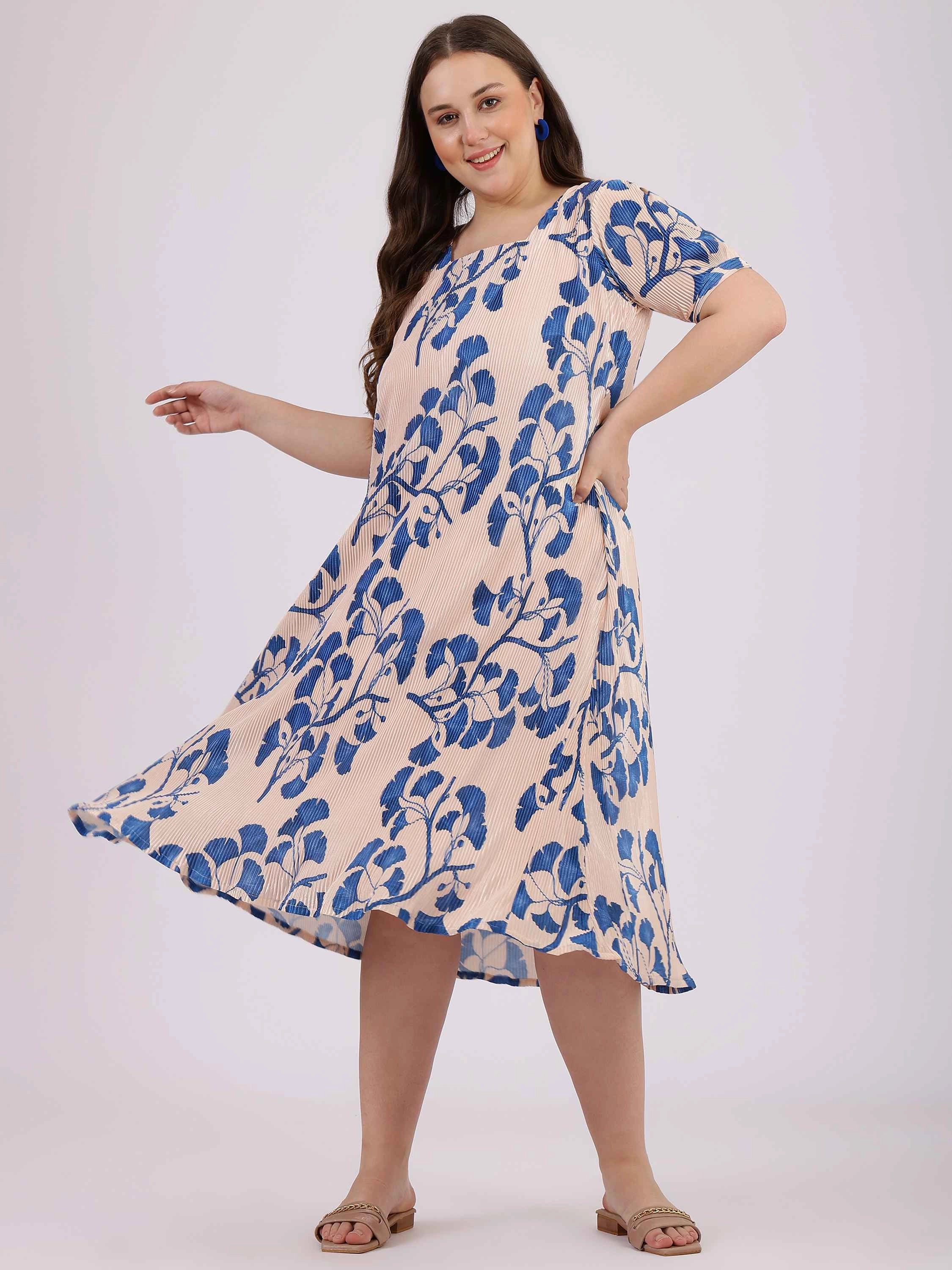 Beige Palmette Print Puff Sleeve Dress