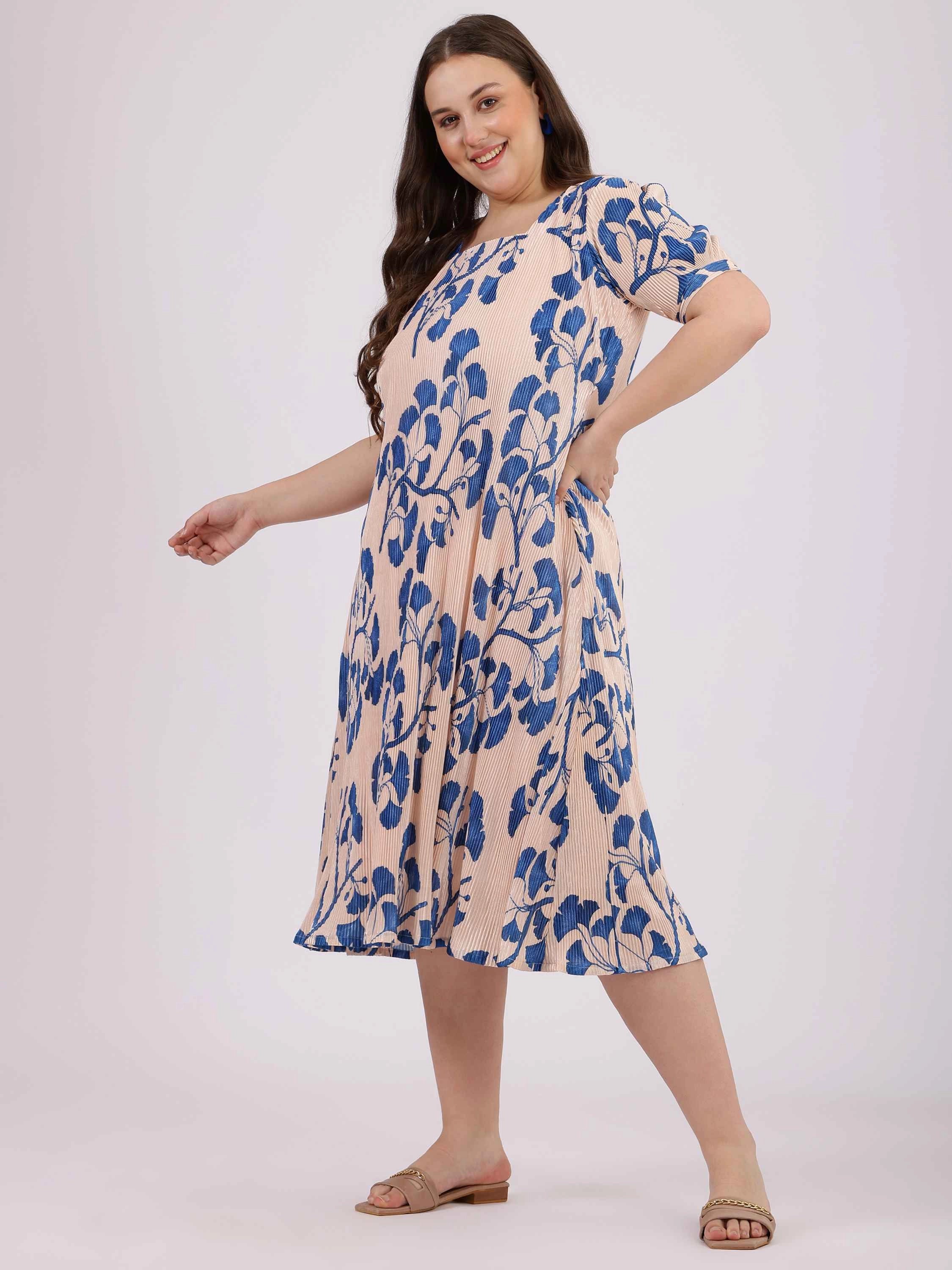 Beige Palmette Print Puff Sleeve Dress