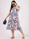 Beige Palmette Print Puff Sleeve Dress