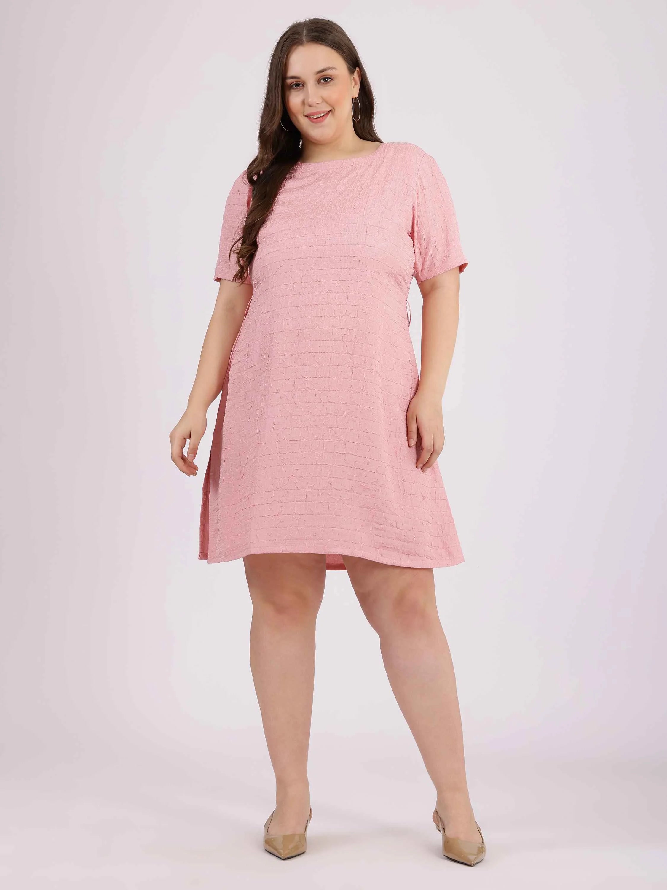 Pink Self-Texture Polyester A-Line Dress