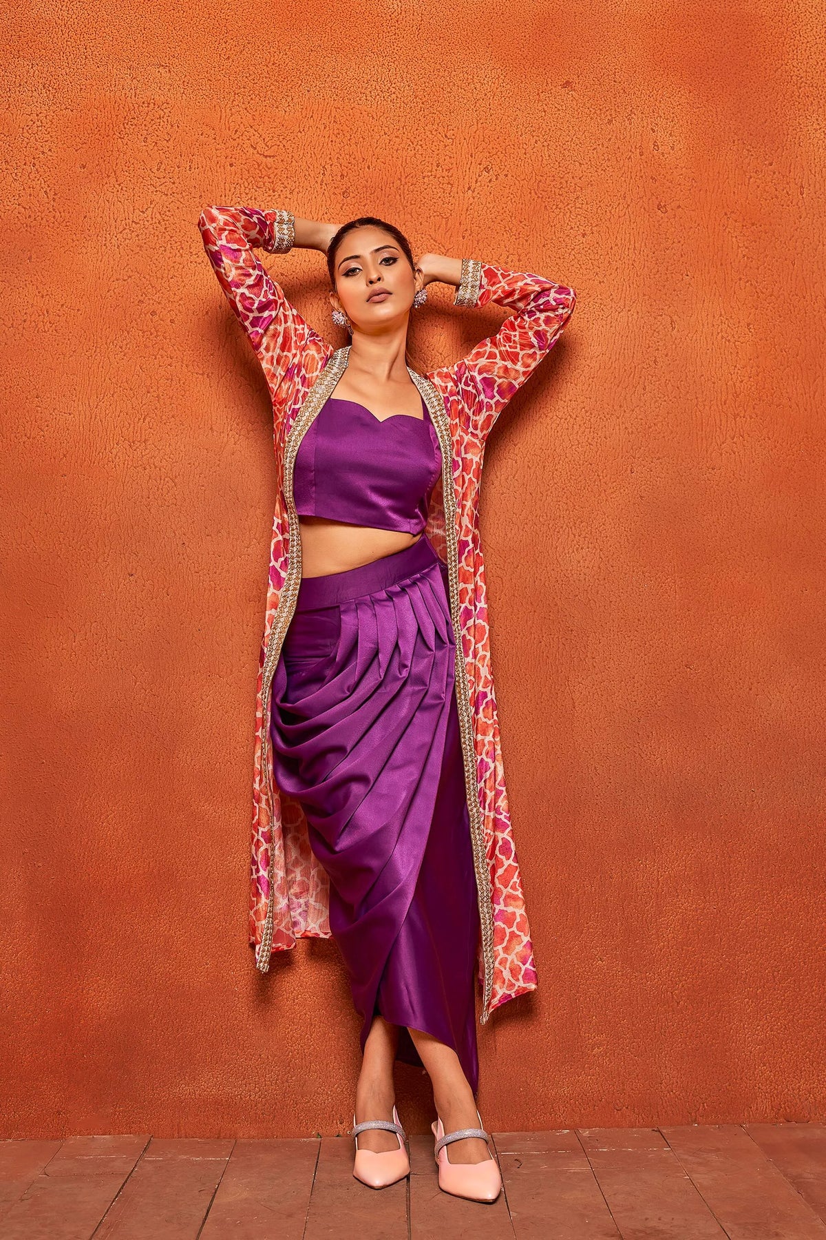 Violet Ethnic Print Dhoti Skirt Long Shrug Co-Ord Set