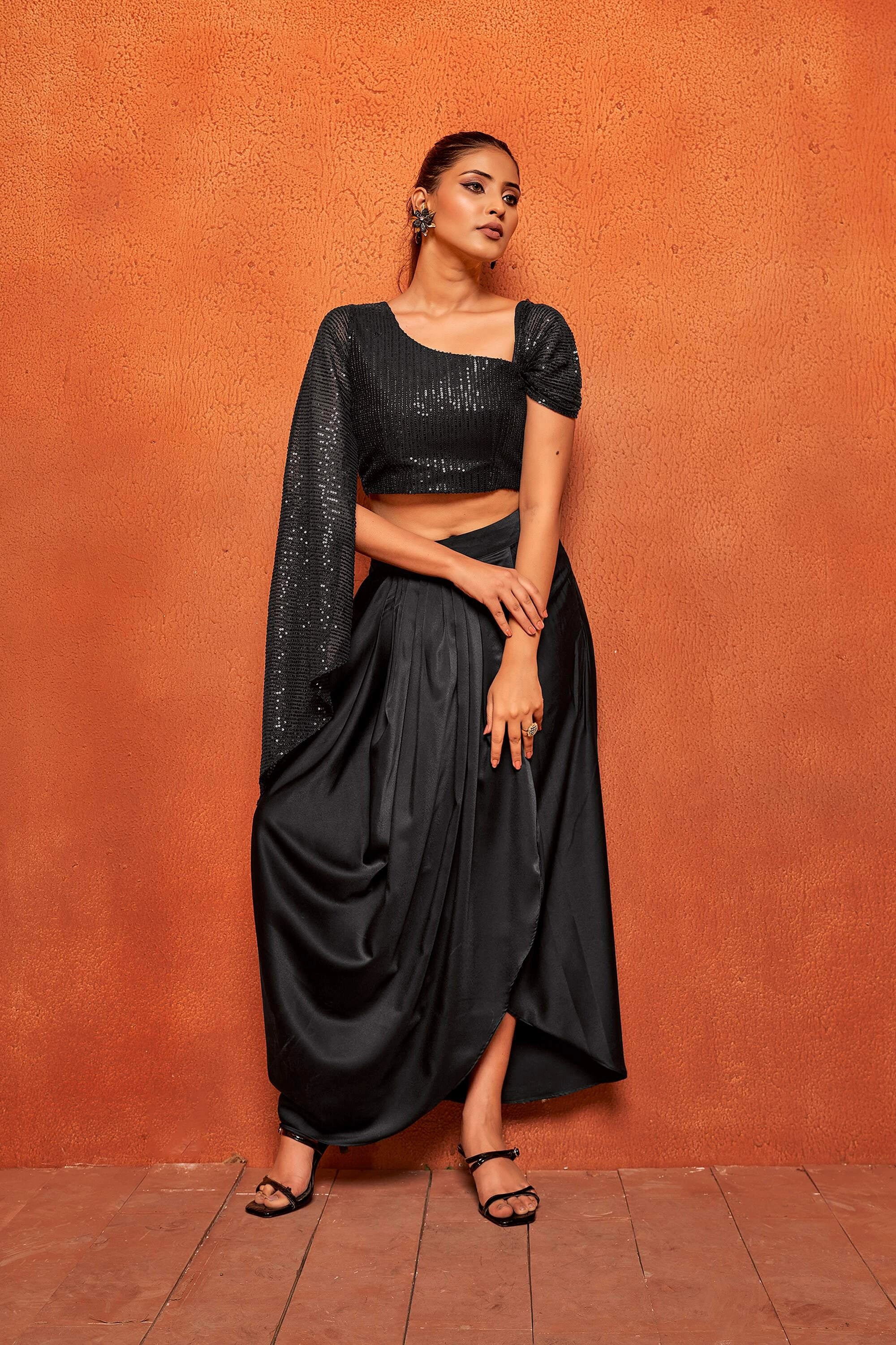 Jet Black Drape Skirt & Sequin Crop Top Co-Ord Set