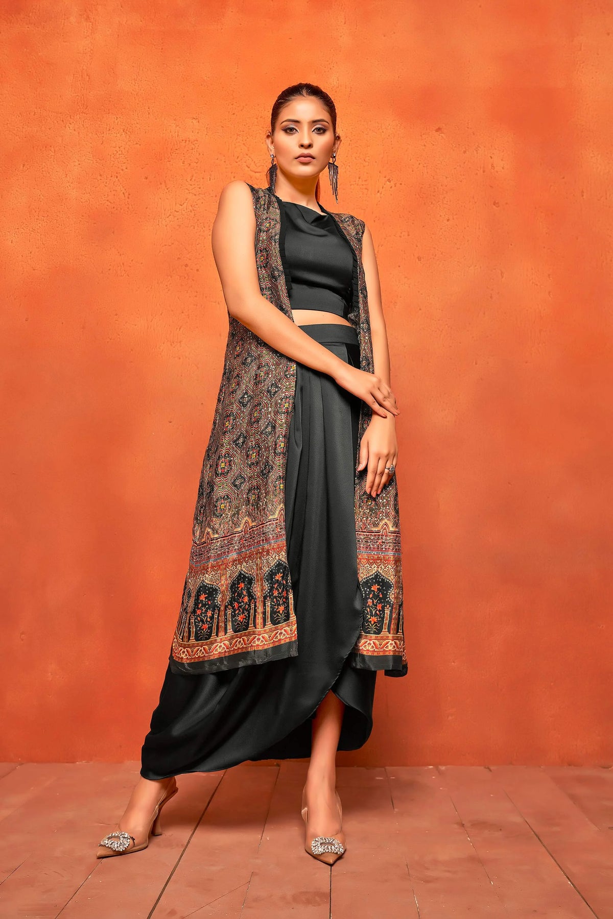 Rich Black Ethnic Print Dhoti Skirt Long Straight Shrug Co-Ord Set