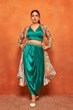 Teal Green Leaf Print Dhoti Skirt Long Flared Shrug Co-Ord Set