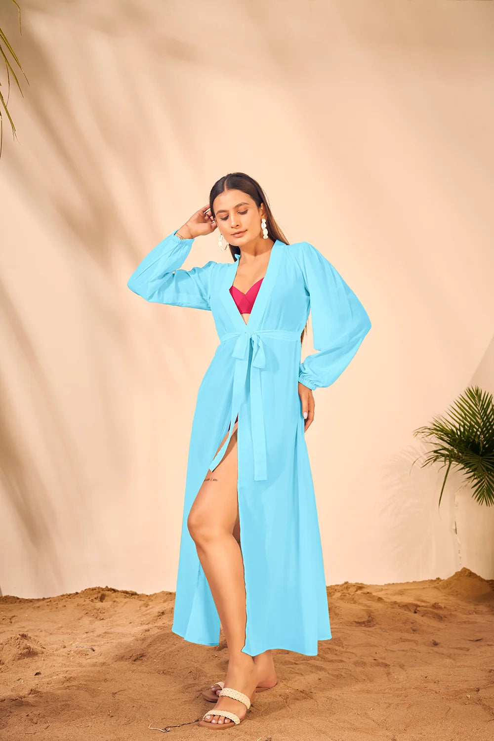 Sky Blue Bishop Sleeves Beach Wear Lightweight Cover Up Dress