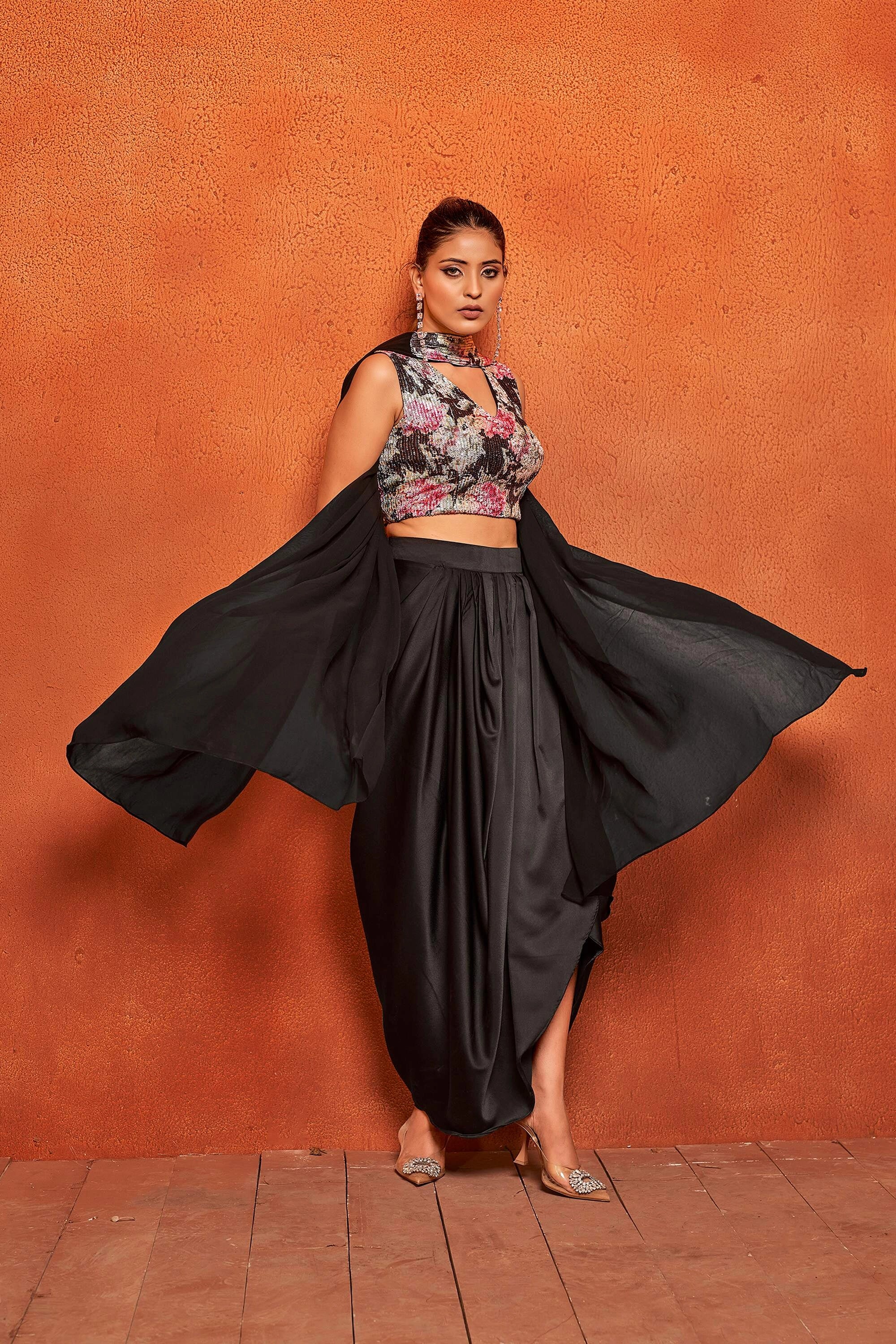 Black Floral Print Dhoti Skirt Crop Top Dupatta Co-Ord Set