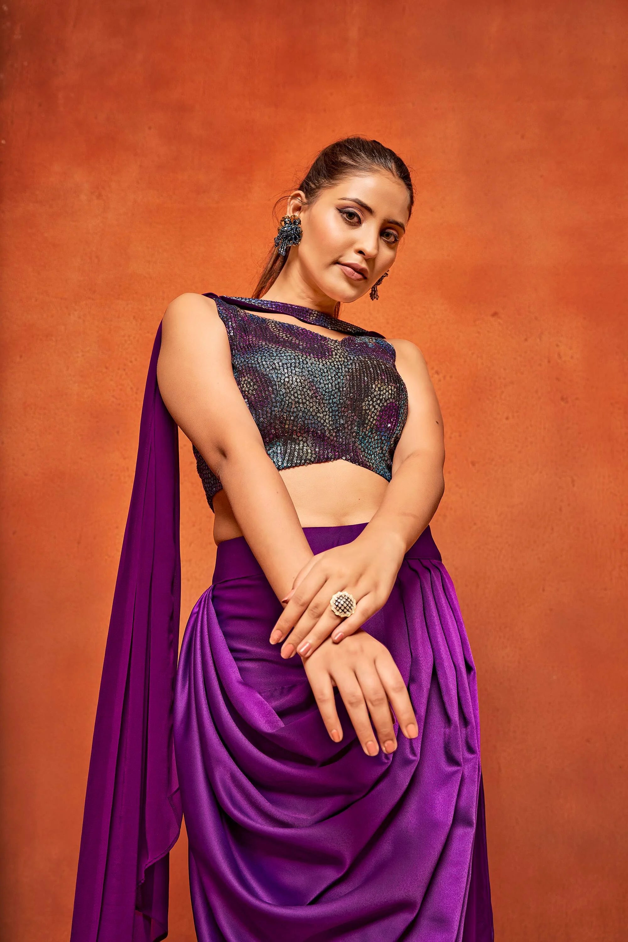 Purple Geometric Print Dhoti Skirt Crop Top Dupatta Co-Ord Set