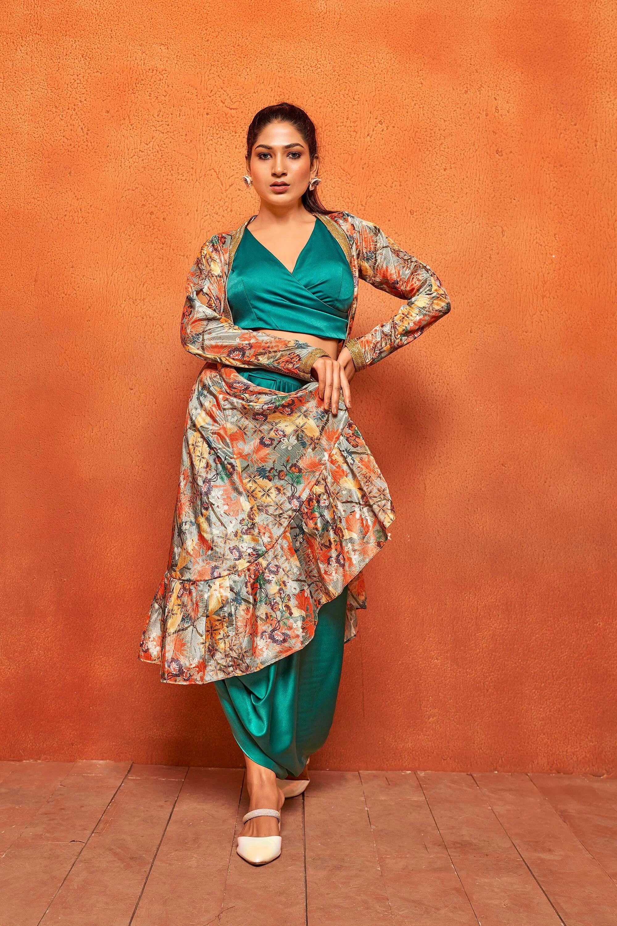 Teal Green Leaf Print Dhoti Skirt Long Flared Shrug Co-Ord Set