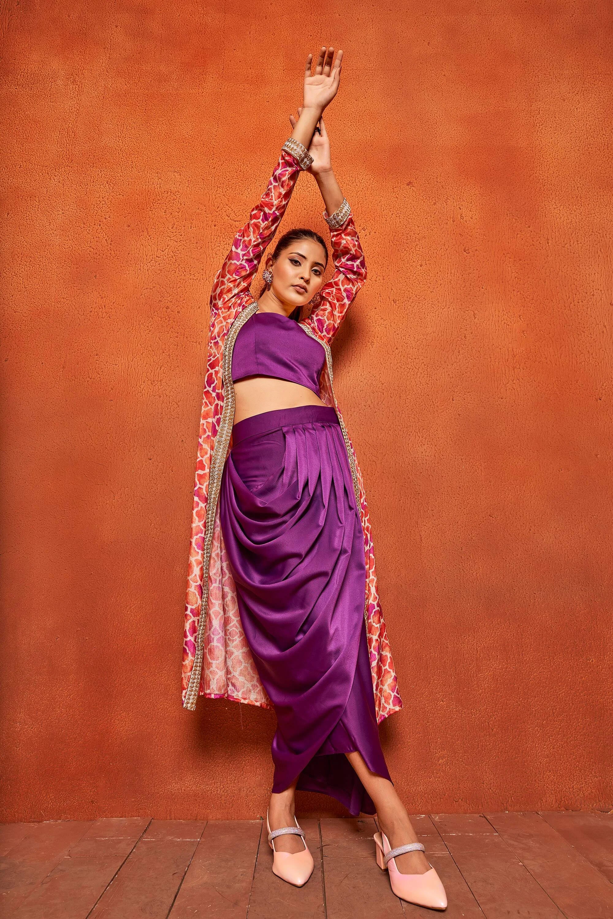 Violet Ethnic Print Dhoti Skirt Long Shrug Co-Ord Set