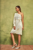 Shimmering Elegance: One-Shoulder Pearl White Sequin Dress with Belt