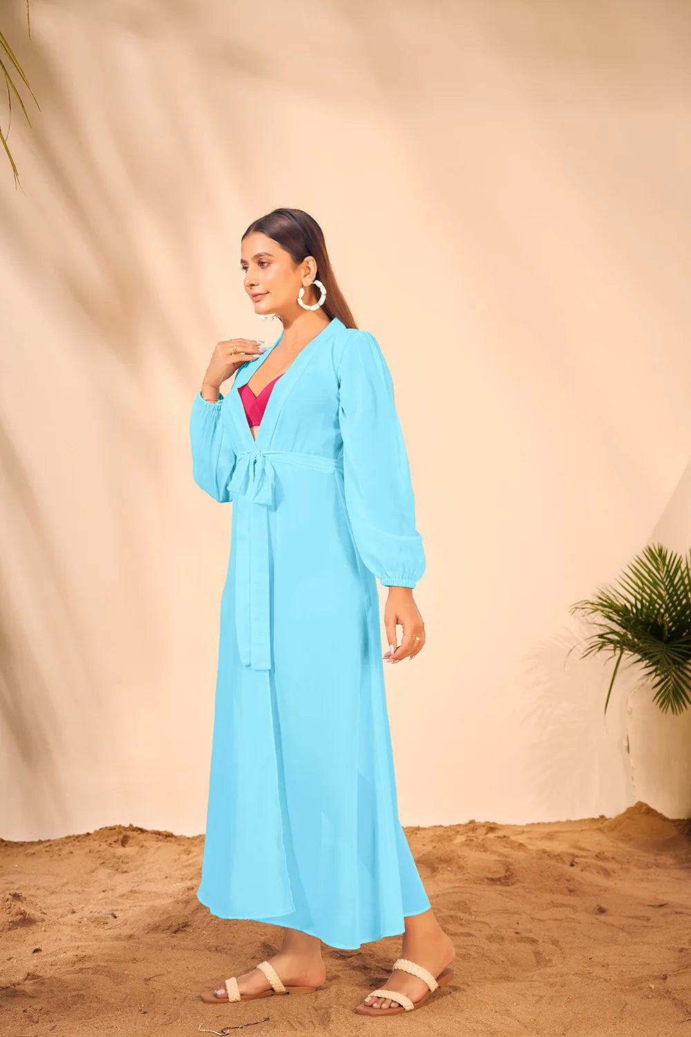 Sky Blue Bishop Sleeves Beach Wear Lightweight Cover Up Dress