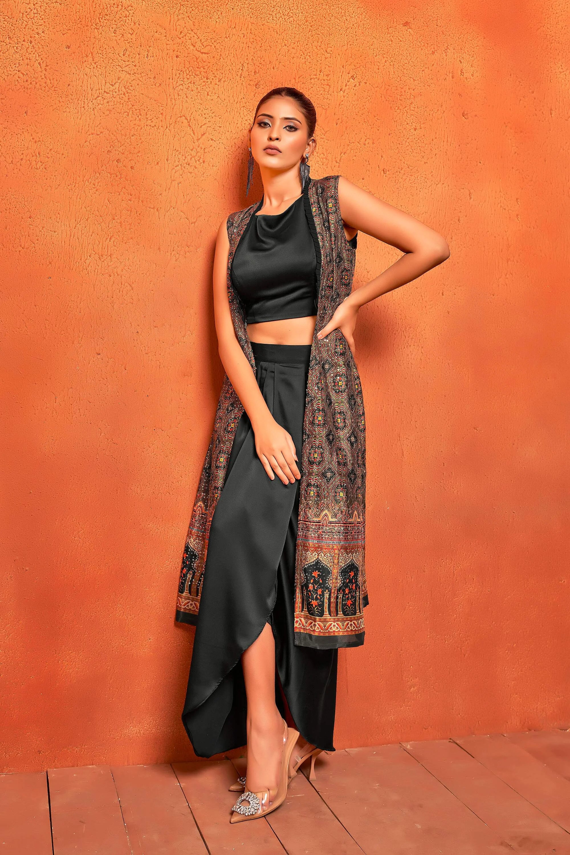 Rich Black Ethnic Print Dhoti Skirt Long Straight Shrug Co-Ord Set