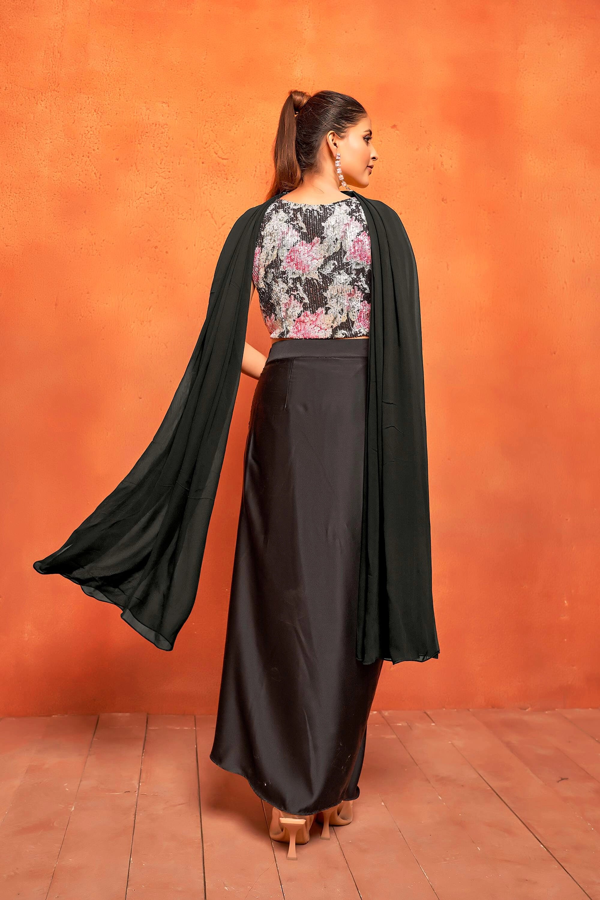 Black Floral Print Dhoti Skirt Crop Top Dupatta Co-Ord Set