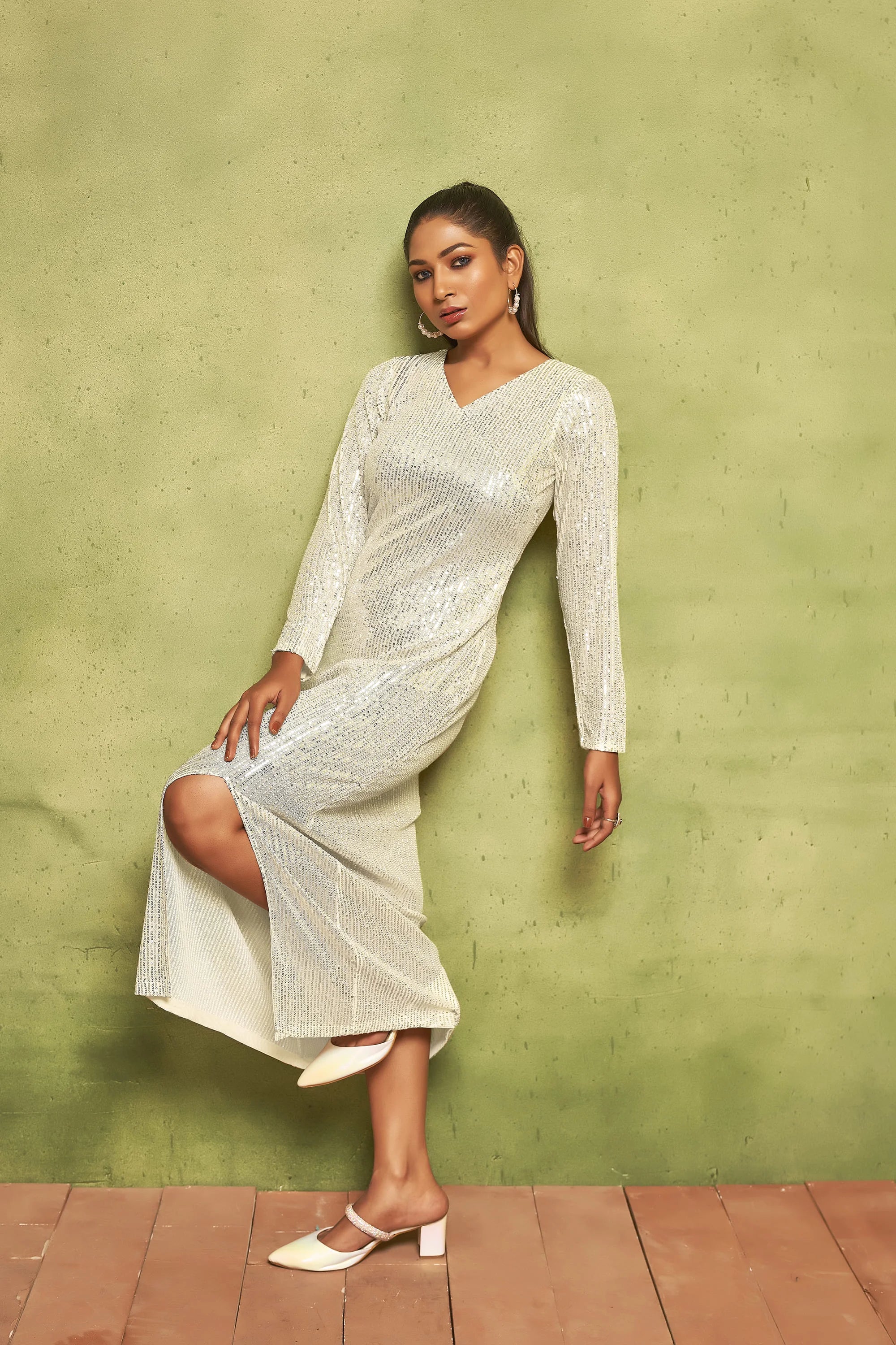 Glamorous Sparkle: Long Sleeve Pearl White Sequin Dress