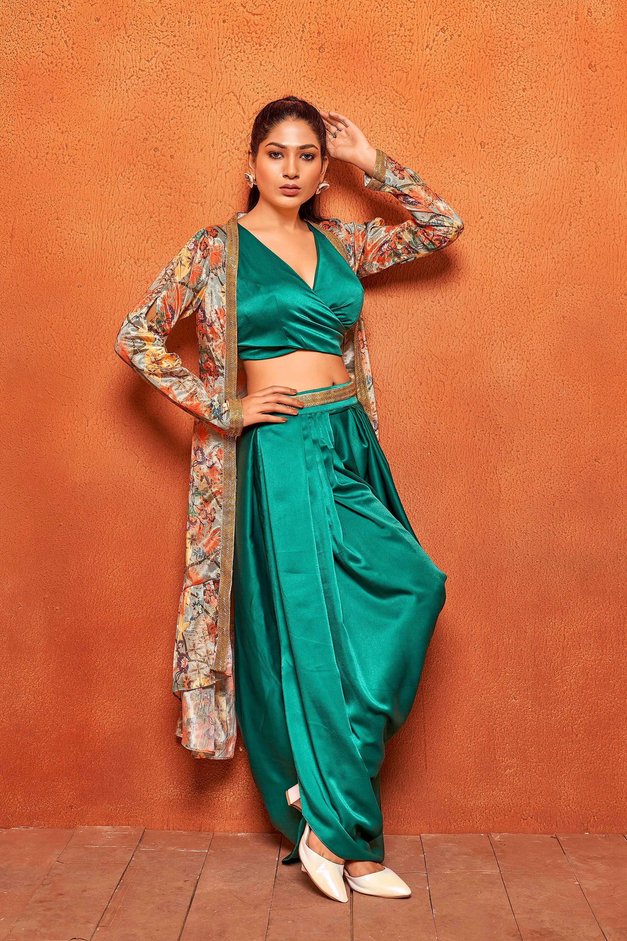 Teal Green Leaf Print Dhoti Skirt Long Flared Shrug Co-Ord Set