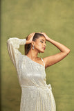 Shimmering Elegance: One-Shoulder Pearl White Sequin Dress with Belt