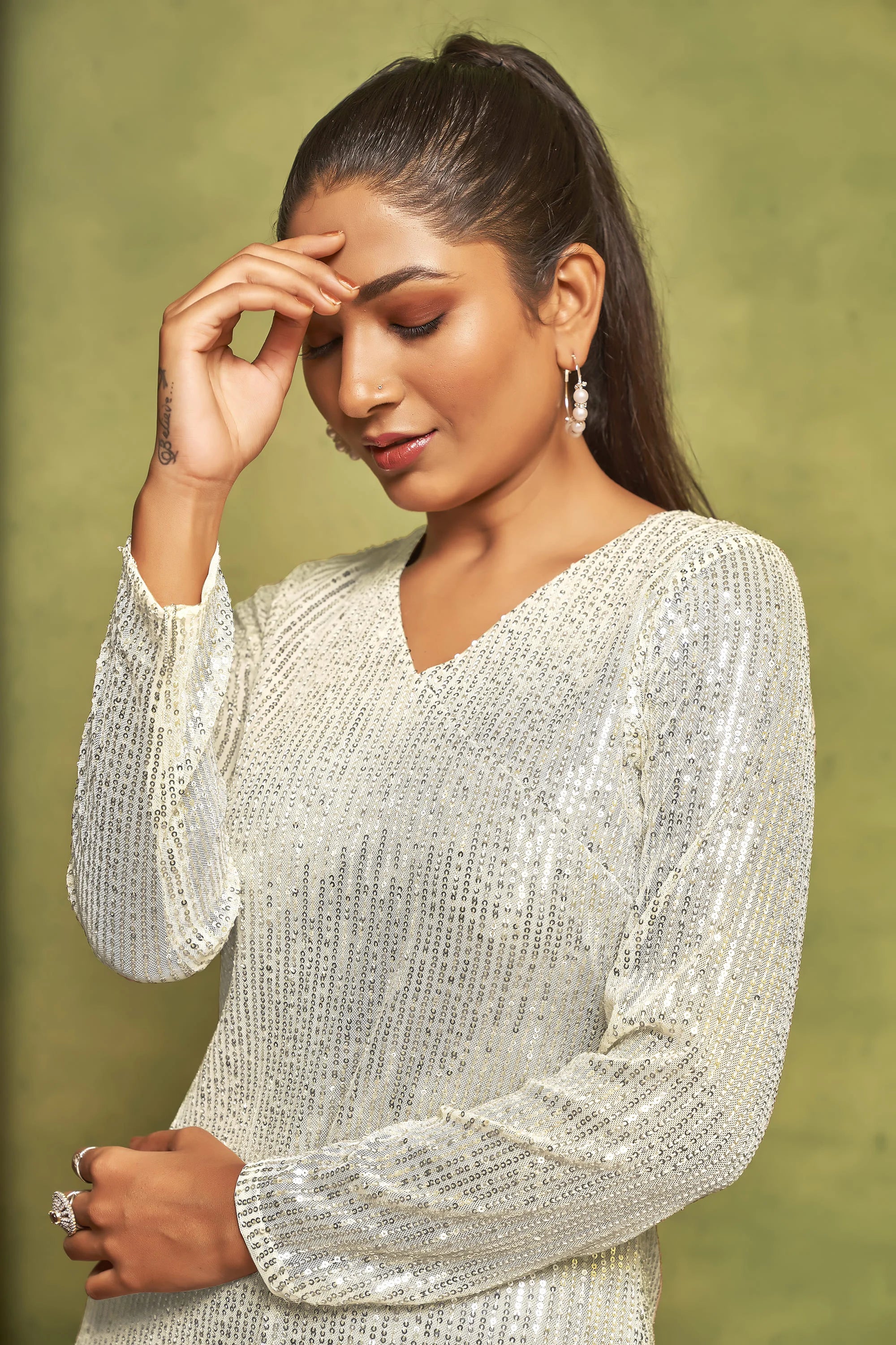 Glamorous Sparkle: Long Sleeve Pearl White Sequin Dress