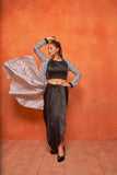 Rich Black Zic Zac Print Dhoti Skirt Long Shrug Co-Ord Set