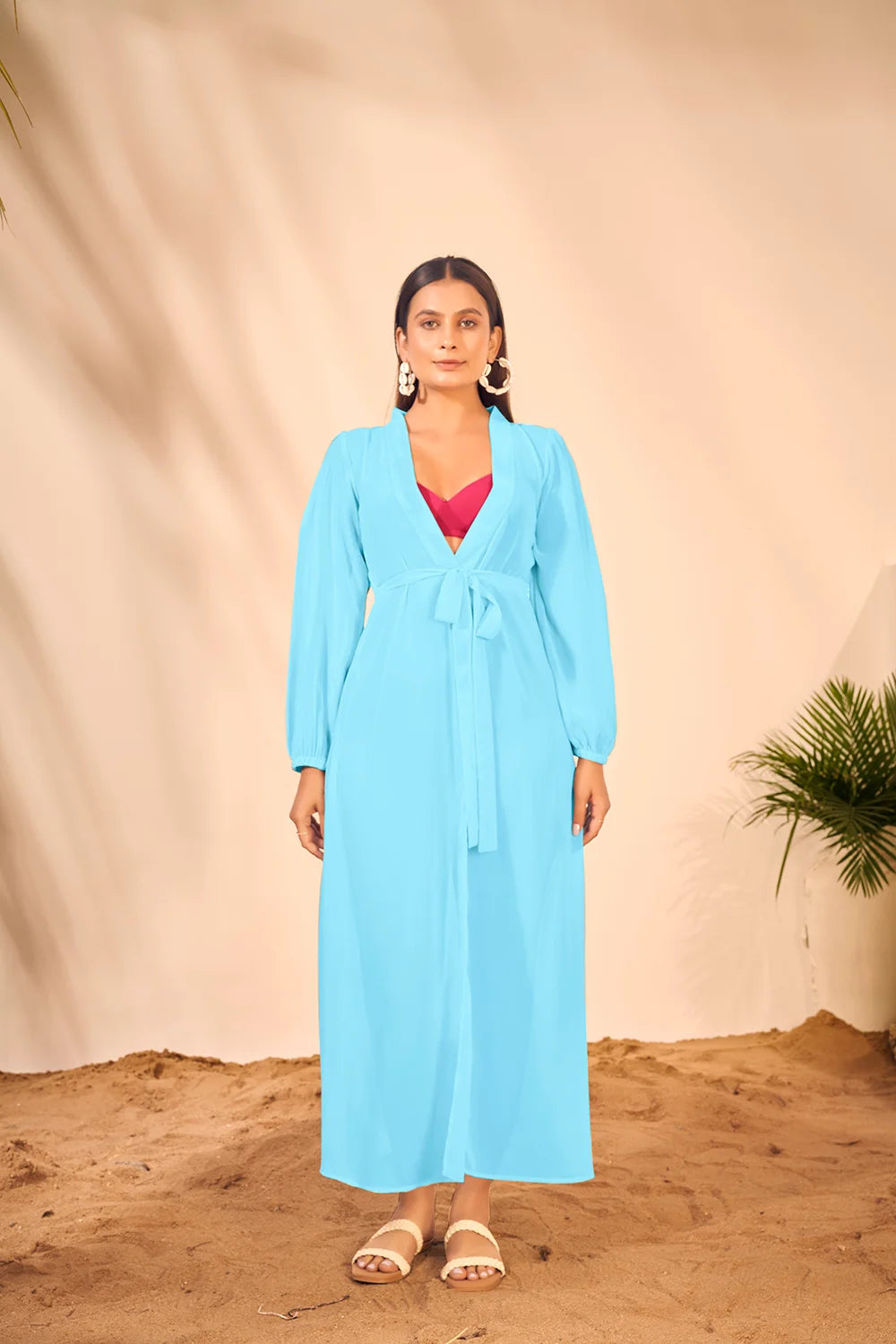 Sky Blue Bishop Sleeves Beach Wear Lightweight Cover Up Dress