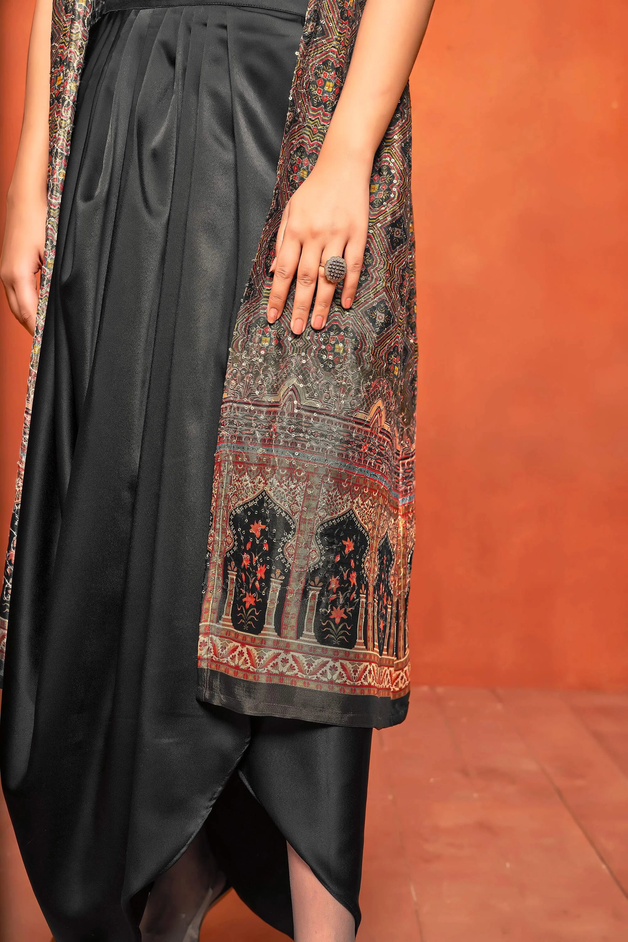 Rich Black Ethnic Print Dhoti Skirt Long Straight Shrug Co-Ord Set