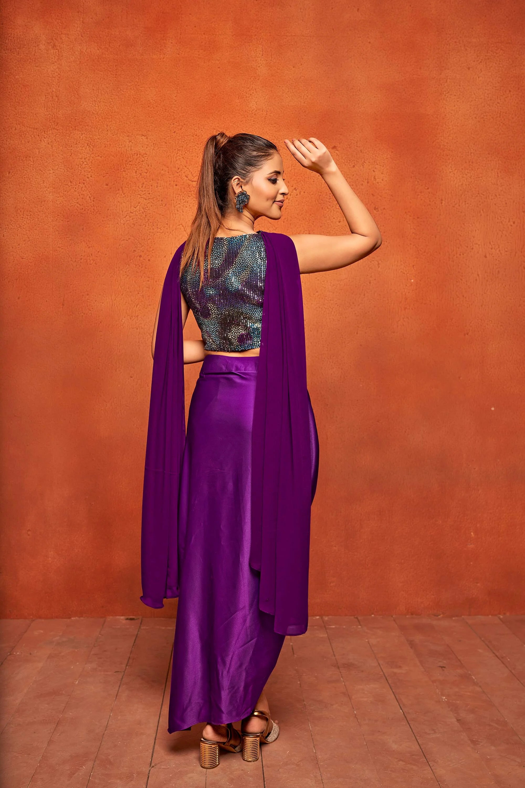 Purple Geometric Print Dhoti Skirt Crop Top Dupatta Co-Ord Set