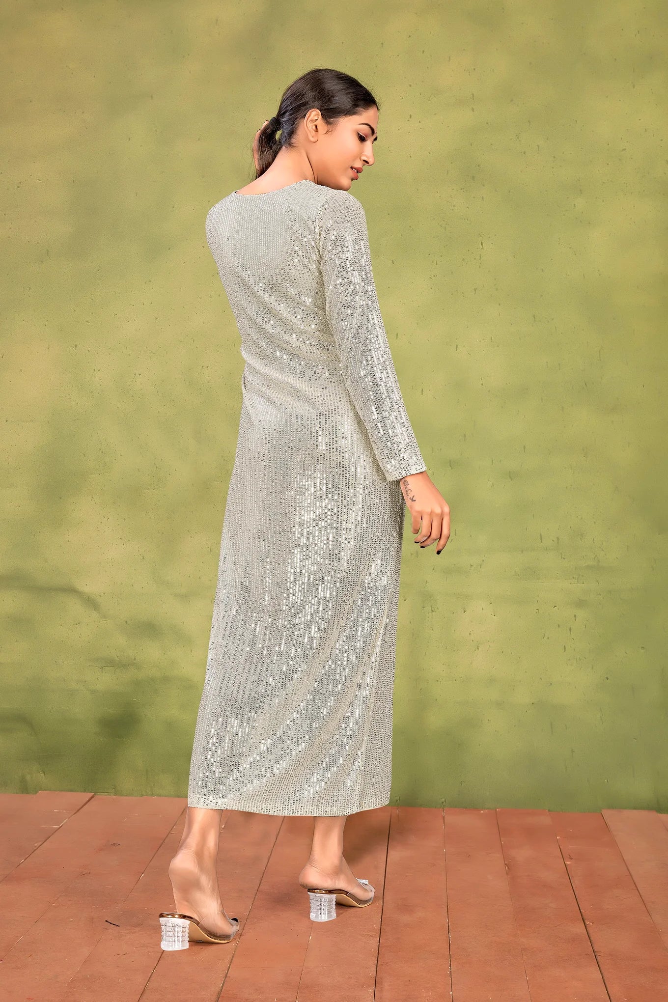 Glamorous Sparkle: Long Sleeve Pearl White Sequin Dress