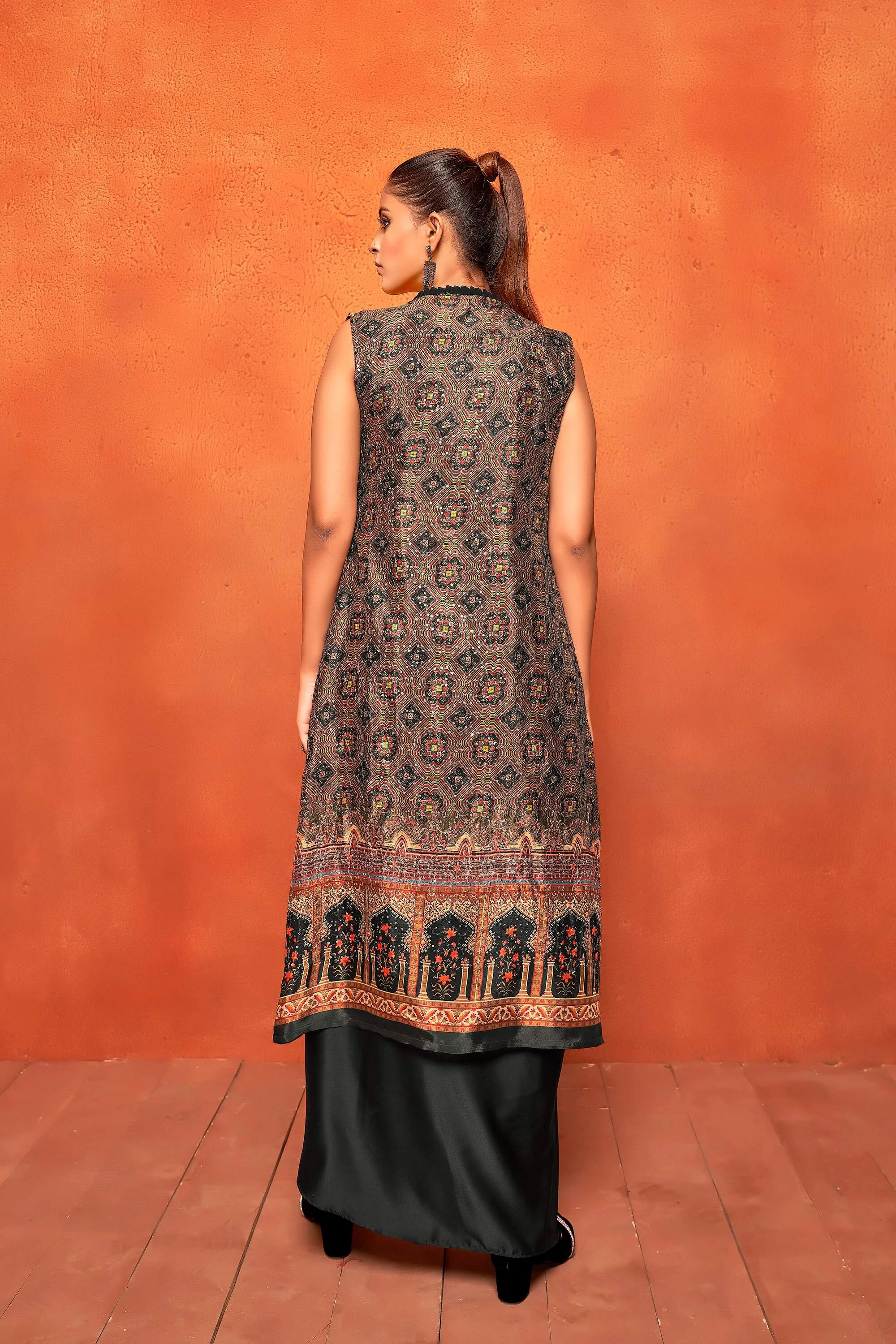 Rich Black Ethnic Print Dhoti Skirt Long Straight Shrug Co-Ord Set