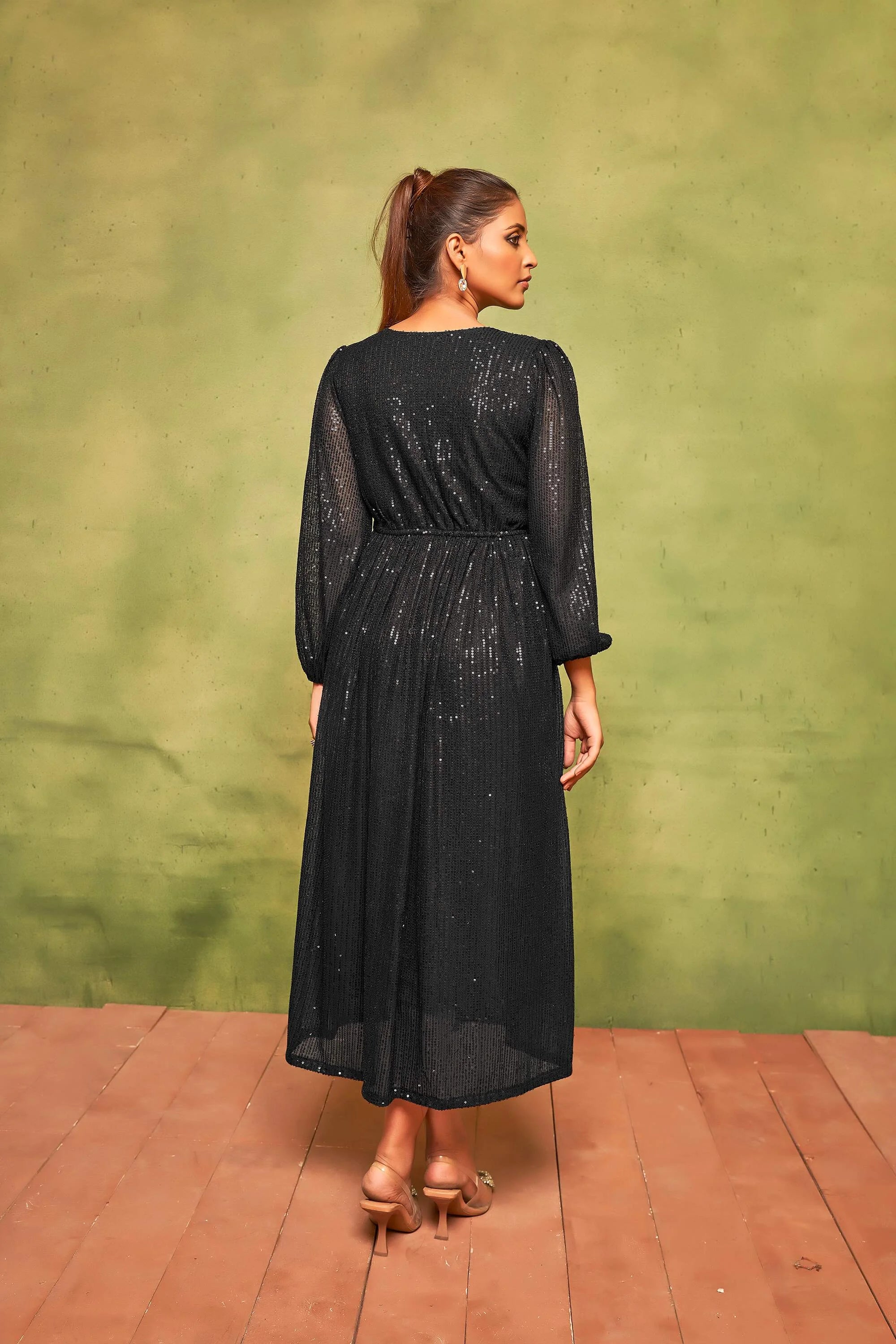 Rich Black Sequin Cocktail Dress | V-Neck Flared Elegance