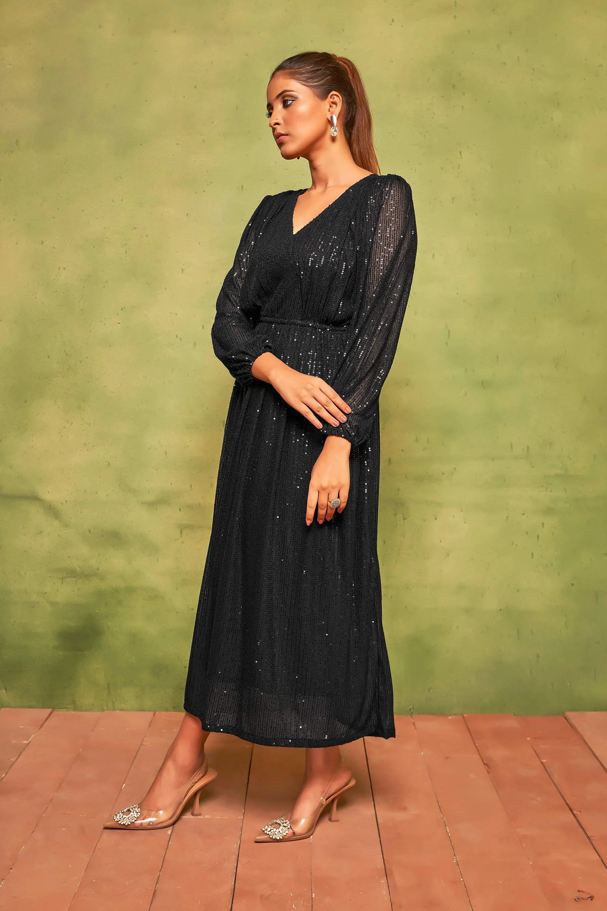 Rich Black Sequin Cocktail Dress | V-Neck Flared Elegance