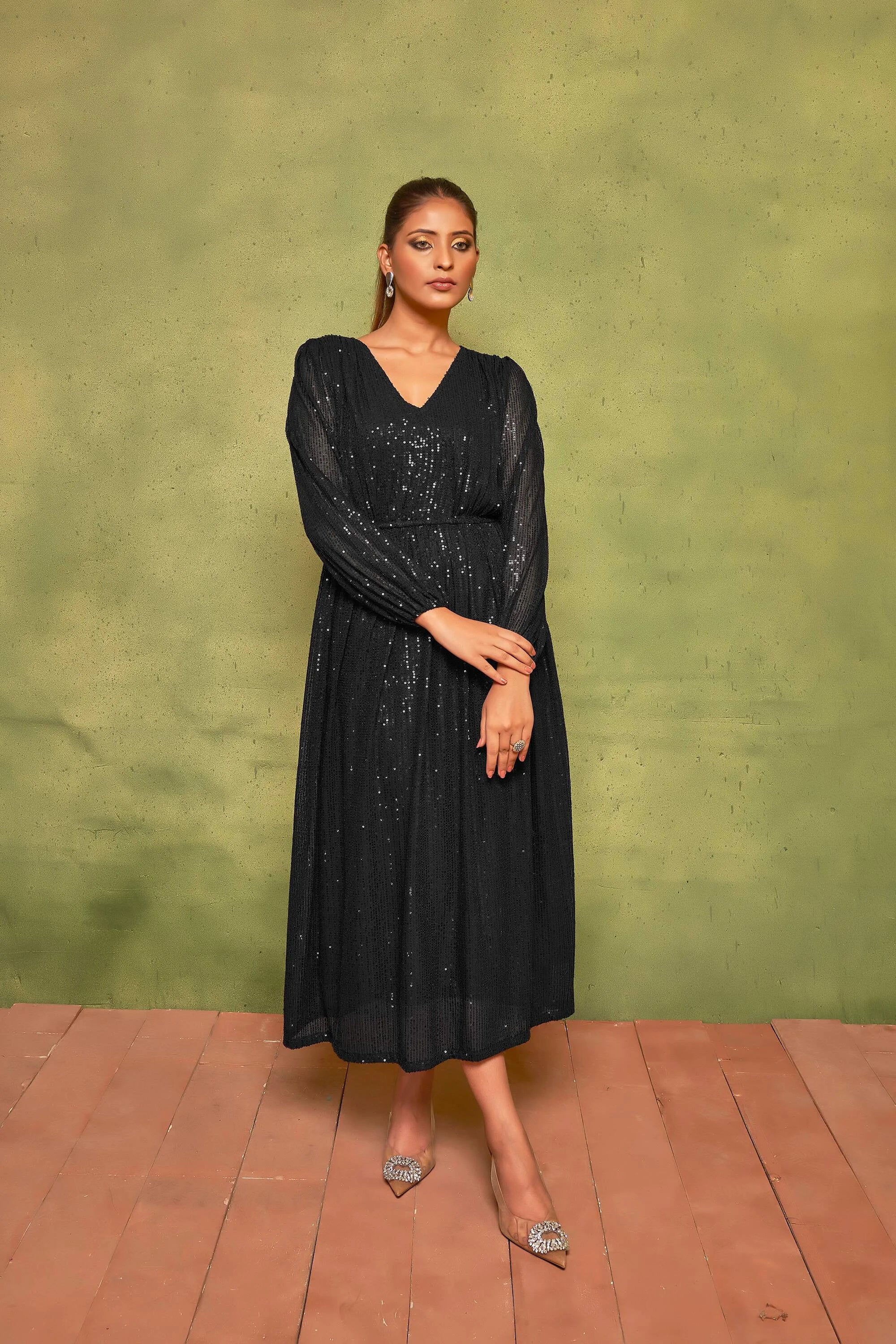 Rich Black Sequin Cocktail Dress | V-Neck Flared Elegance