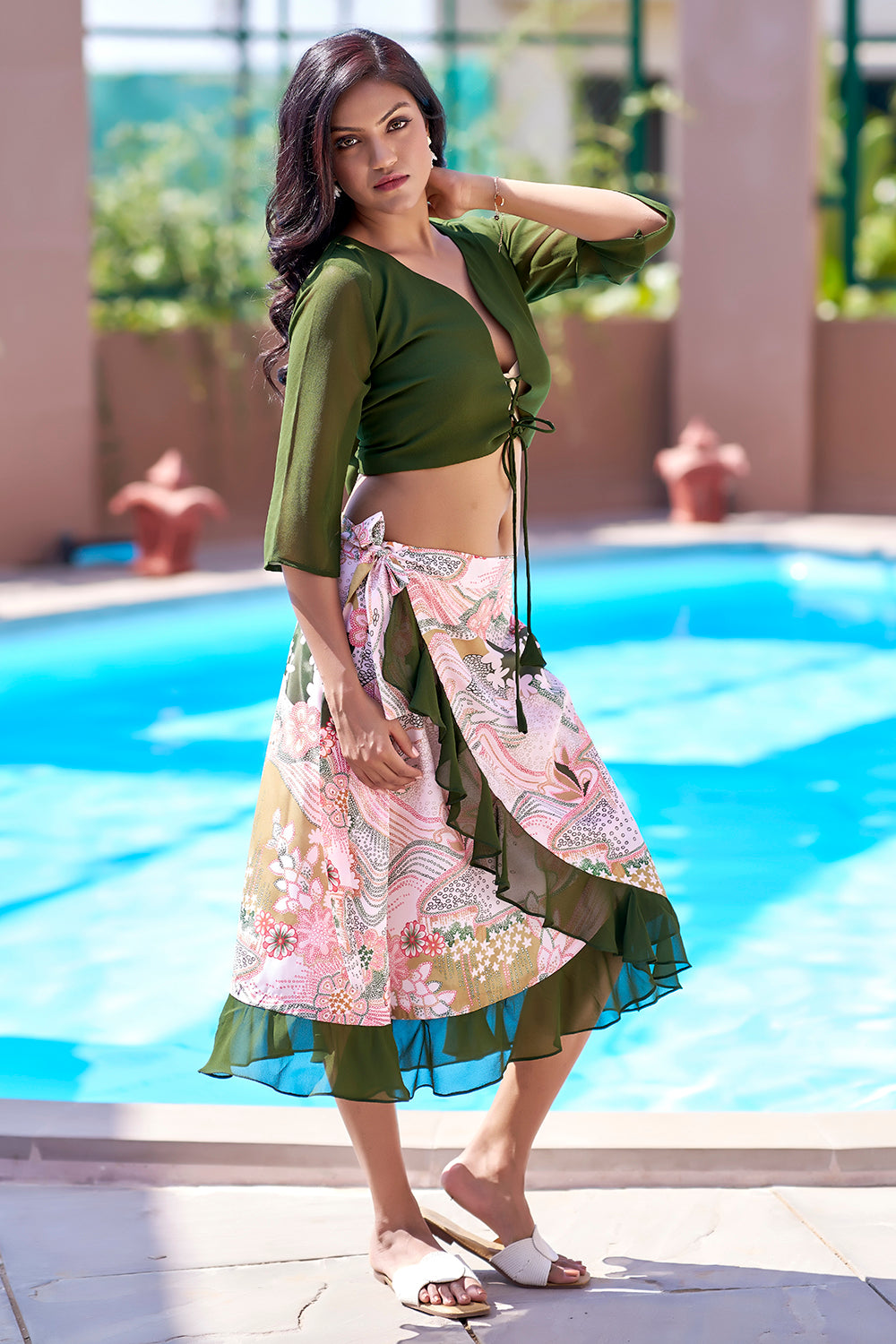 Make a bold beachside statement with NovelaFashion’s mehendi green floral sarong and top set. A stylish all-size beach club outfit inspired by Missoni beachwear—perfect for resort wear for women, beach vacation outfits, and summer glamour.