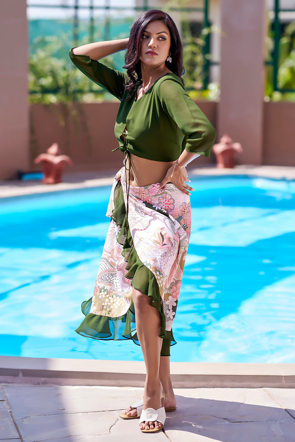 Make a bold beachside statement with NovelaFashion’s mehendi green floral sarong and top set. A stylish all-size beach club outfit inspired by Missoni beachwear—perfect for resort wear for women, beach vacation outfits, and summer glamour.